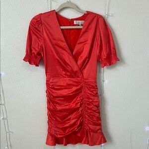 L'Academie Red Ruched Mini Dress with Puff Sleeves